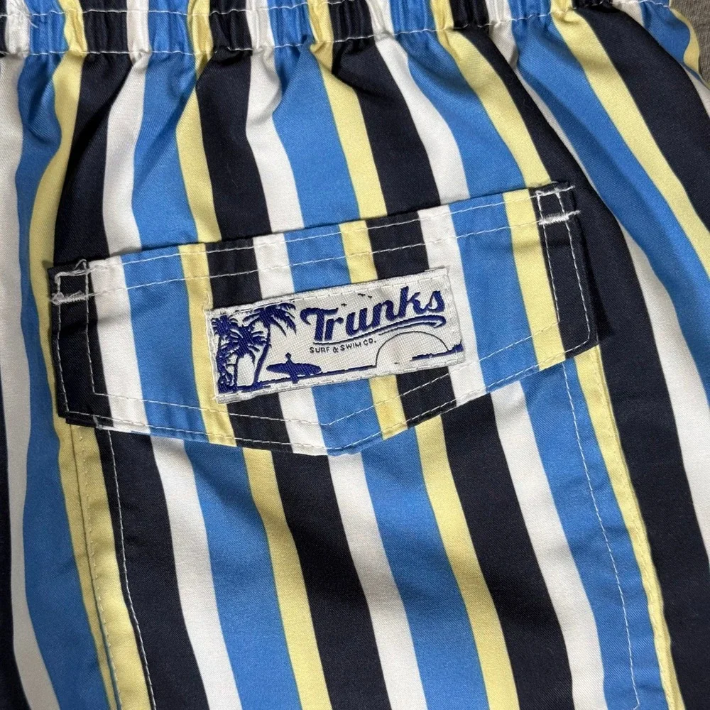 Trunks Surf & Swim Co Mens L Blue Yellow Striped Mesh Lined Swim Trunks